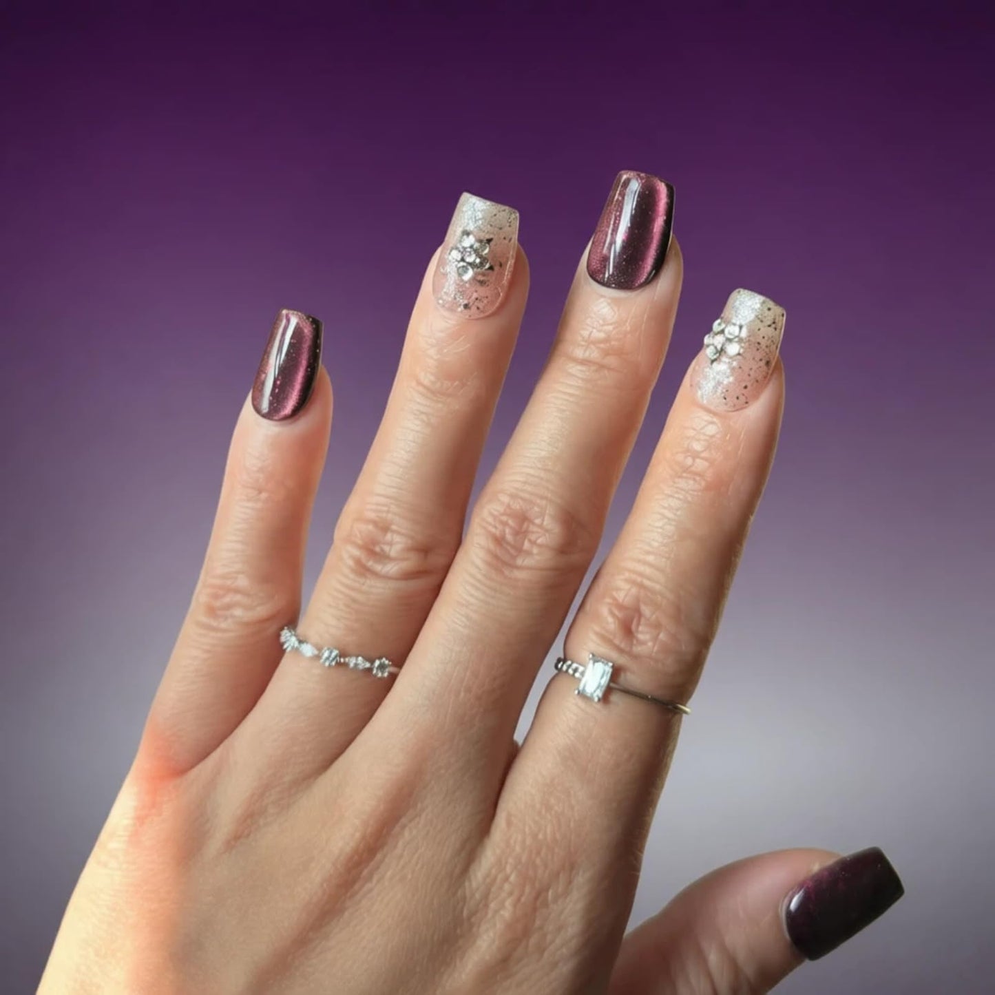 Tesytto Handmade Short Square Press On Nails, Purple Cat Eye Glitter False Nails with 3D Star Rhinestone, Reusable Fake Nails for Women, 10Pcs (Gemstone Starry Night, L)