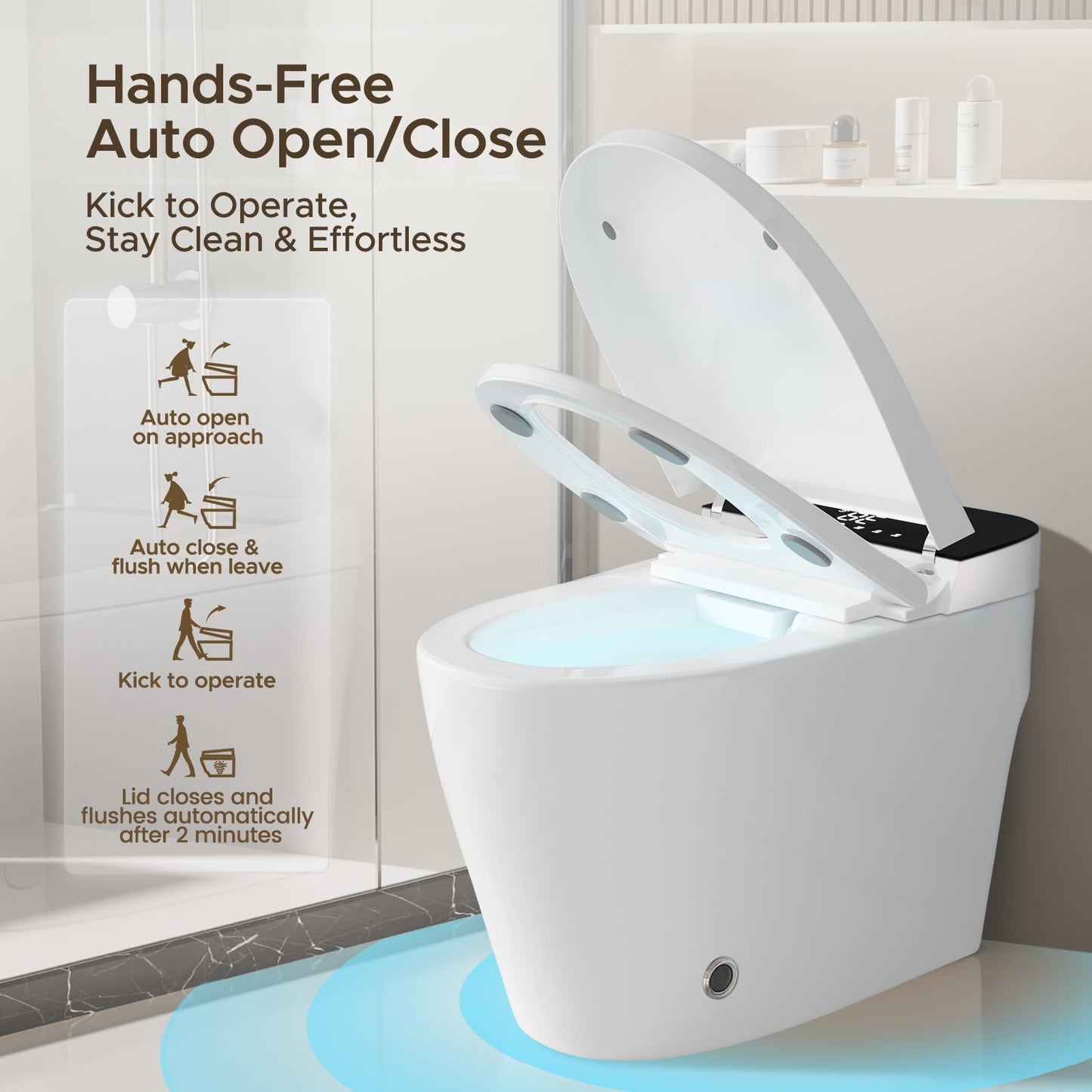 Smart Toilet, One Piece Bidet for Bathrooms, Modern Elongated Toilet with Warm Water, Dual Auto Flush, Foot Sensor Operation, Heated Bidet Seat, Electric Tankless Toilets with LED Display