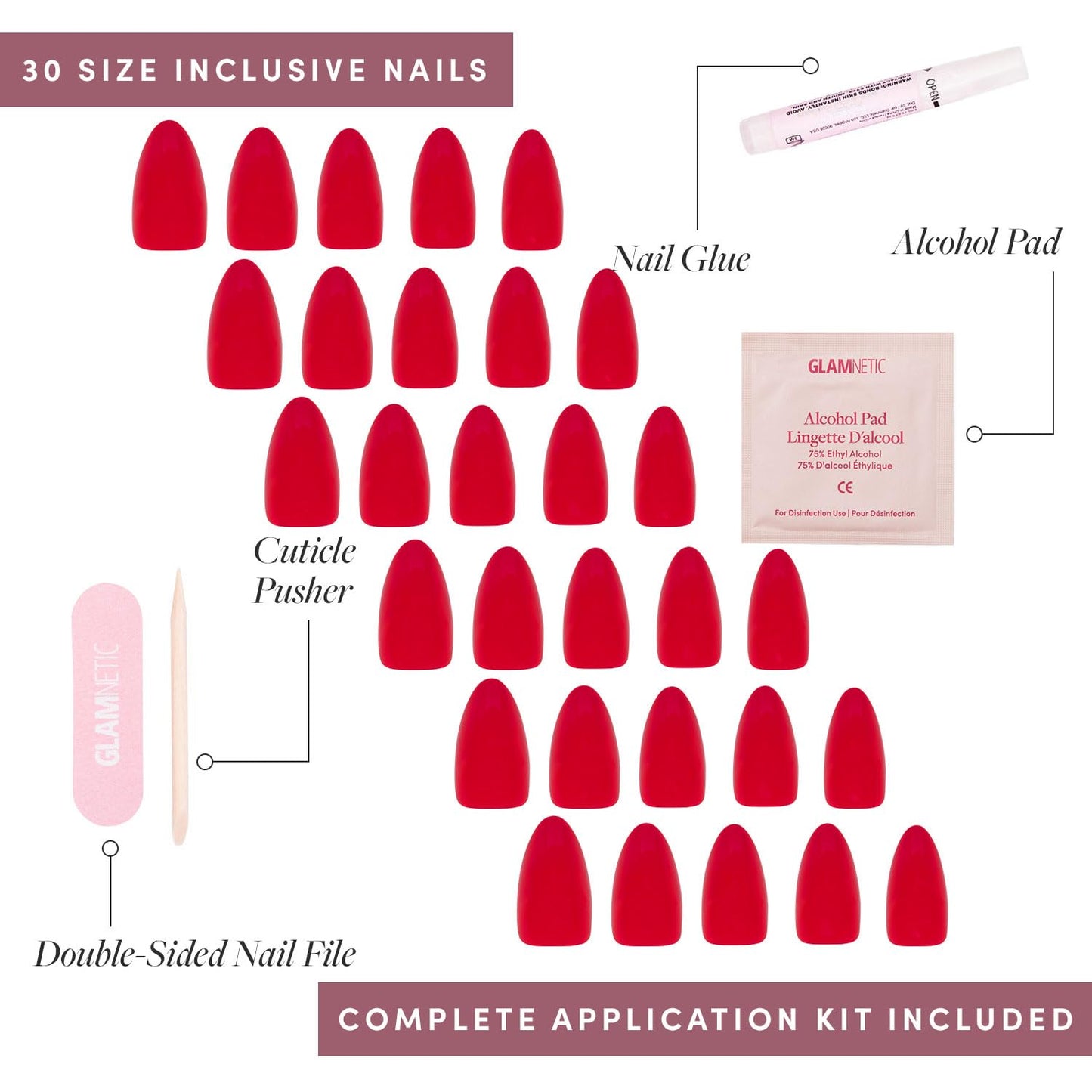 Glamnetic Press-On Nails Bundle - Soft Teal, Fairy Dust & Fiery Red | Short Almond Light Blue Fake Nails with Glossy Finish | Short Oval Beige-Pink False Nails with a Metallic Finish | Bright Red Shor