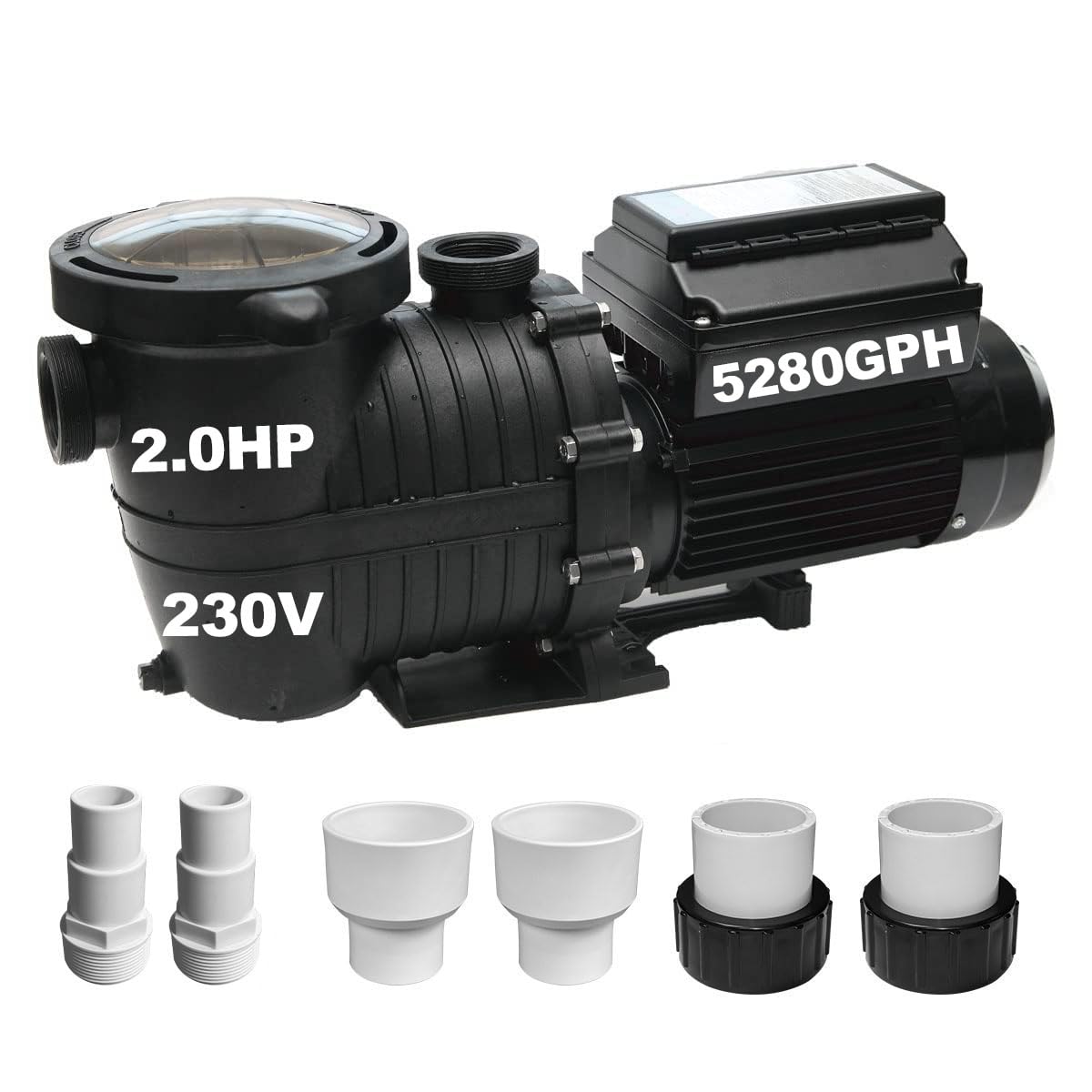 Variable Speed Pool Pump, 2.0HP, CEC & DOE compliant, 230V, 6420 GPH high flow. Energy-efficient VFD motor, strong suction, self-priming, for in/above-ground pools, with 1.25", 1.5" & 2" unions