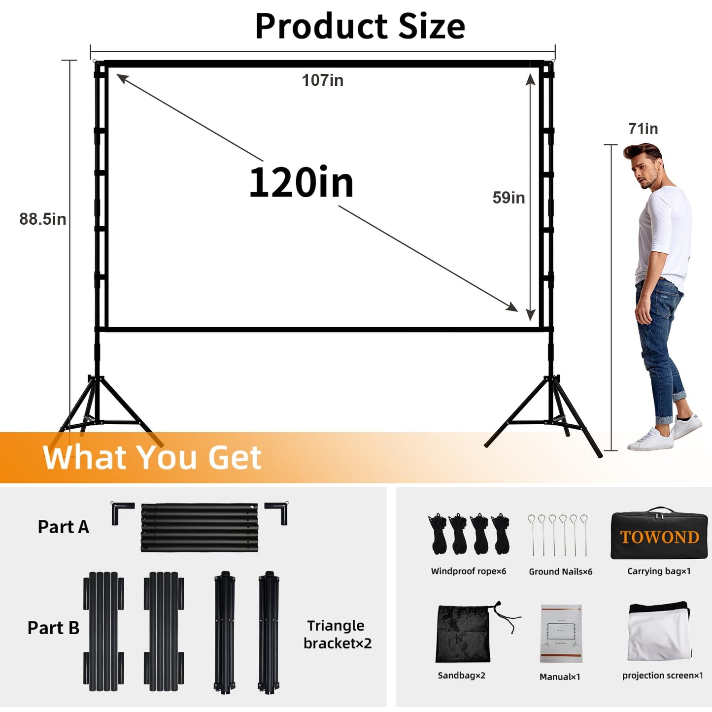 Outdoor Projector Screen with Stand, TOWOND 120 inch Projection Screen, Movie Screen 16:9 HD Foldable Anti-Crease Support Double Sided with Carry Bag for Outdoor Indoor