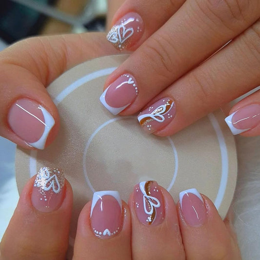 Teilihai White French Tip Press on Nails Short Square Fake Nails with Glitters Line Heart Design Glossy Glue on Nails Pink Nail Tips Full Cover False Nails Artificial Acrylic Nail for Women 24Pcs