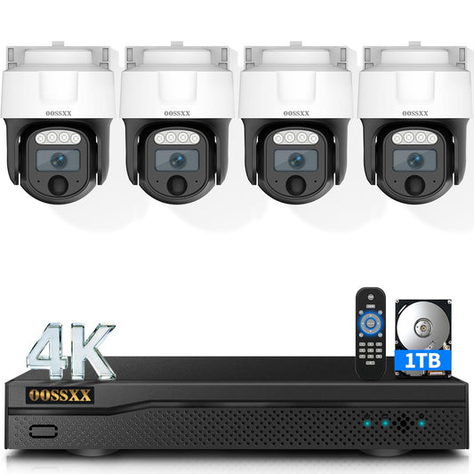 (2026 New) 4K PTZ Wired Outdoor Security Camera System, 8CH DVR with 1TB HDD, 4 Cameras, Remote Control, No Monthly Fee App, 122° Wide Angle, AI Human Detection, Audio Mic, IR Night Vision, Indoor