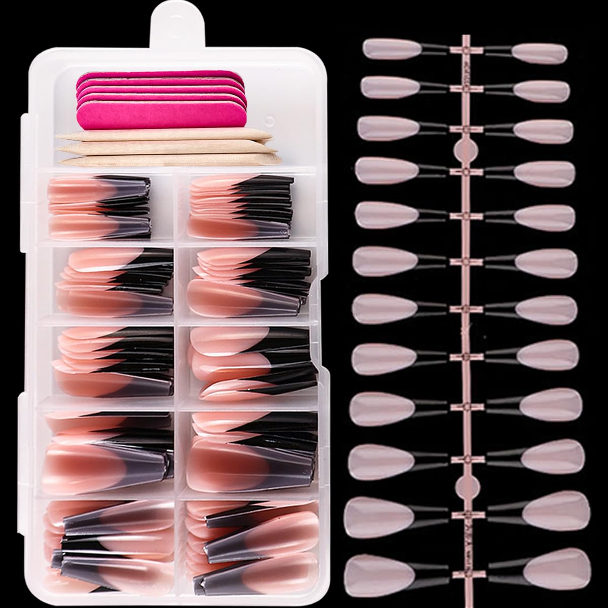 120Pcs Black French Tip Press on Nails Long Coffin Fake Nails French Tip False Nails Full Cover Acrylic Glue on Nail Nude Pink Artificial Nails Reusable Stick on Nail for Women Manicure Kit