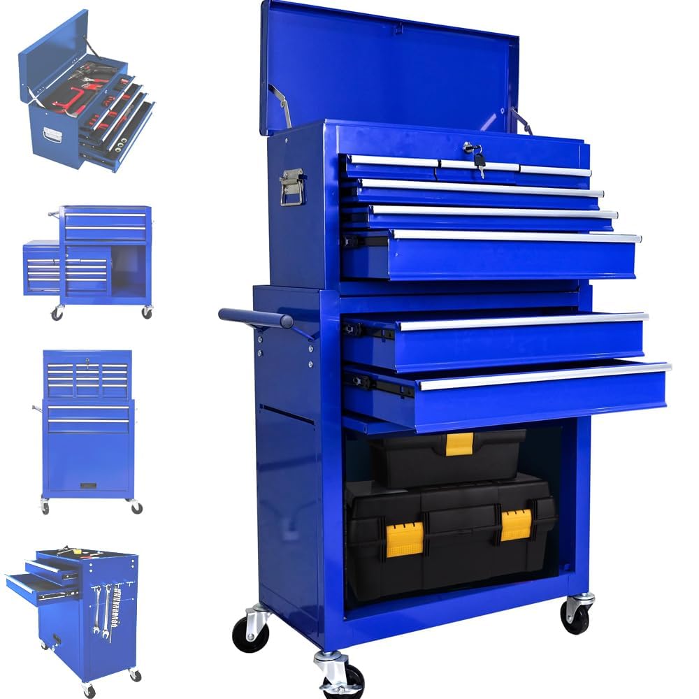 EcoExplorer 8-Drawer Rolling Tool Chest with Wheels & Detachable Top, Heavy-Duty Steel Toolbox for Garage, Workshop, or Warehouse, Includes Lockable Drawers, Hooks, Tray Dividers & Protective Liners