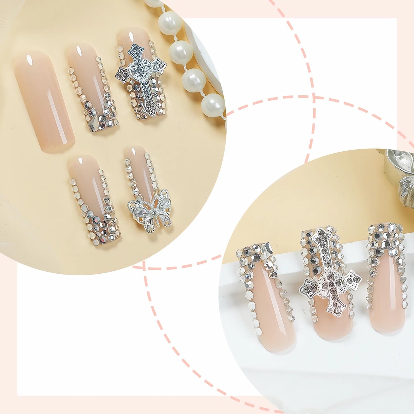 BABALAL Long Square Press on Nails - Rhinestone French Tip Metallic Cross Butterfly Charm Luxury Goth Bling Acrylic Squoval Glue on Nails 24 Pieces