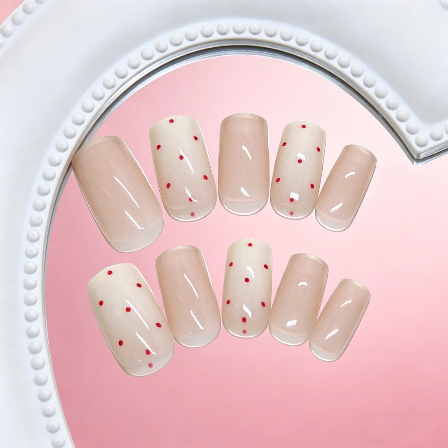 Nude Beige Gradient Press on Nails with Red Dot Accents, Medium Square False Nails, Polka Dots Stick on Fake Nail Reusable Glue on Artificial Nail for Women Minimalist Daily Wear