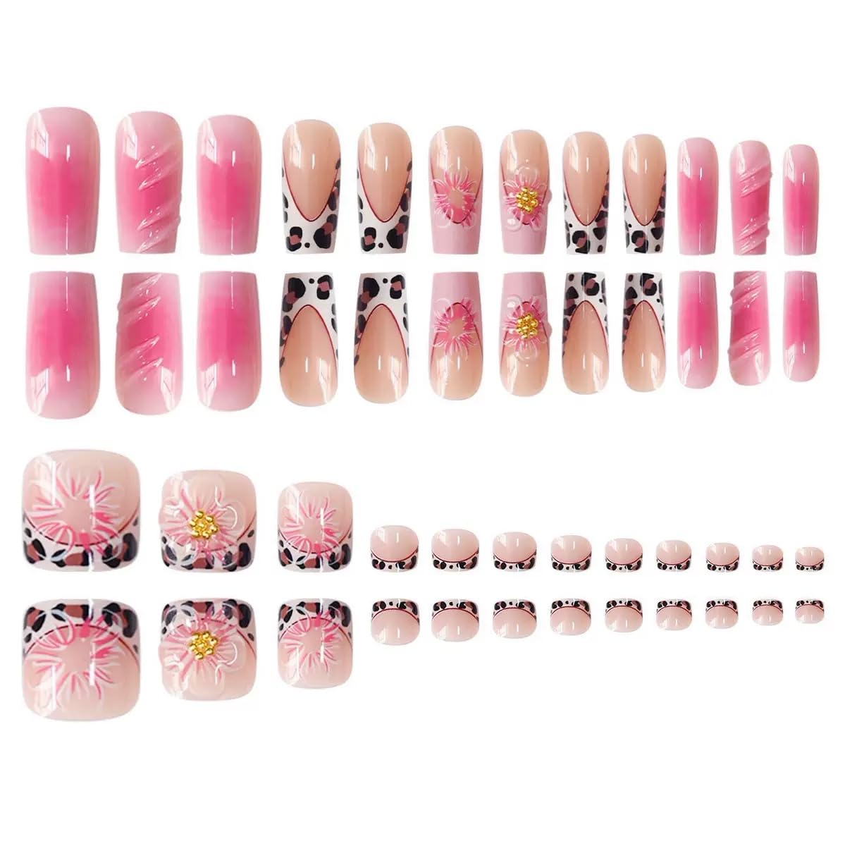 48Pcs Square Press on Nails Medium & Press on Toenails Set, French Tip Press on Nails with Leopard Print Design Fake Nails 3D Flower Press on Toe Nails for Women Manicure Kit