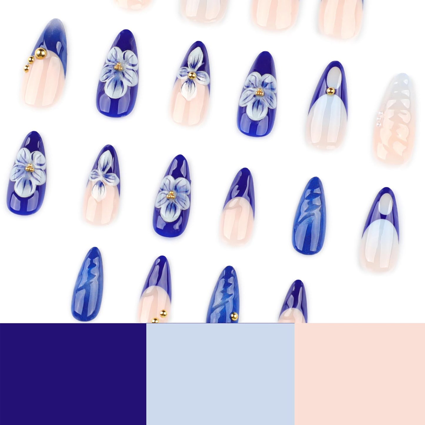 Blue French Tip Press on Nails Medium Almond Fake Nails 3D Gold Carved Ripple Flower Design French Nails Press on Full Cover Nude Stick on Nail Cute False Nail Floral Almond Shaped for Women