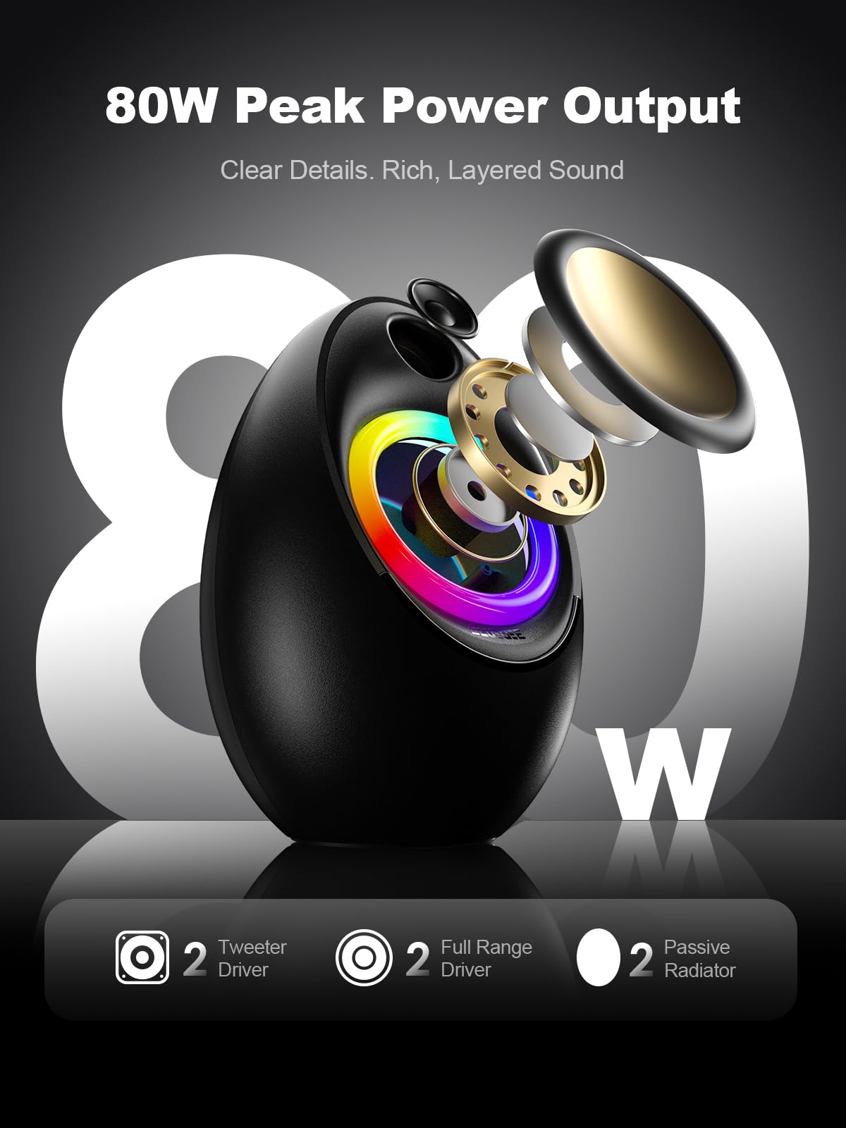Bluedee Computer Speakers with Subwoofer, 2.1 PC Speakers with Deep Bass and 80W Peak Power, Adapter Powered, Bluetooth 5.4 & USB/USB-C/AUX-in, RGB Desktop Speakers for Computer, Laptop, Monitor