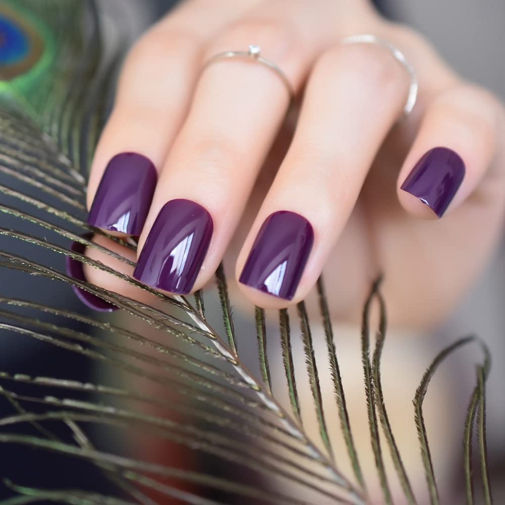 iBeautying Press on Nails - Dark Purple Pure Color False Nails | UV Full Cover Finish Short Squoval Shape Reusable Fake Nails in 10 Sizes - 24 Nail Kit with Jelly Glue Pad