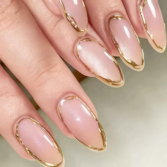 Gold Chrome Press on Nails Medium Almond Fake Nails with Design Full Cover Stick on Nails for Women Manicure,Reusable | Artificial | Nail Sticky Tabs | Easy Apply | 24Pcs