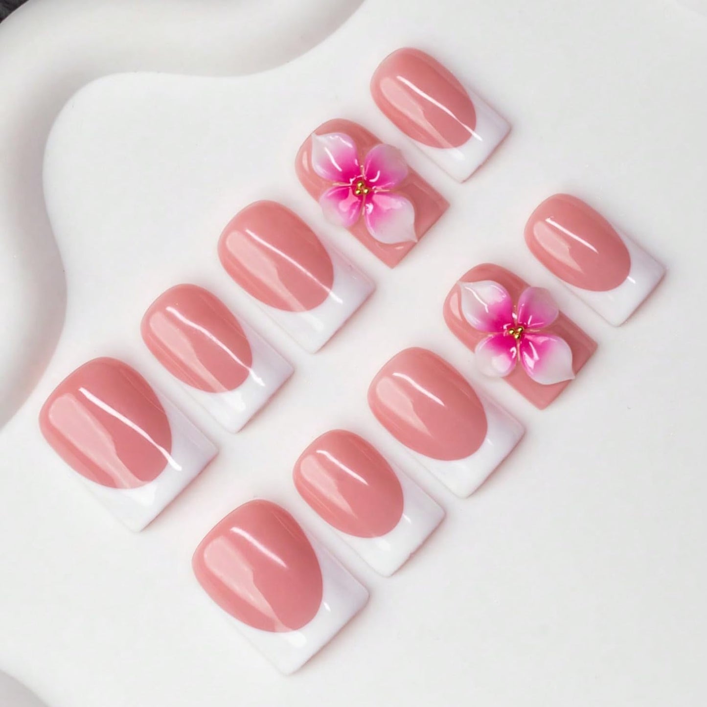 Handmade 3D Nail Art Press on Nails White French Tip Short Duck Fake Nails Flower Thick Acrylic Nails with Designs Elegant Glossy Fake Nail Sturdy Art Manicuare for Women 10Pcs (S)
