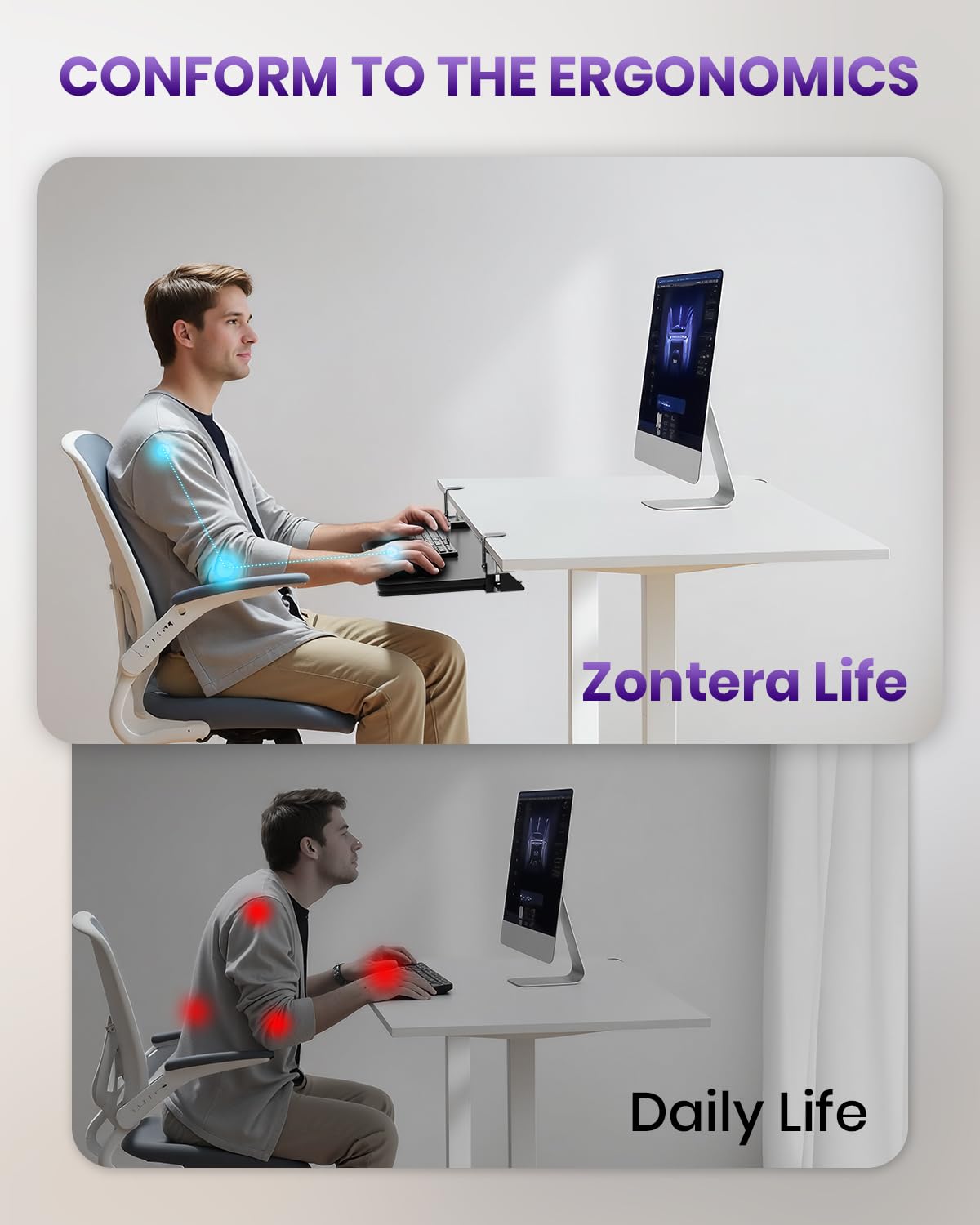 Zontera Ergonomic Mouse & Keyboard Tray Under Desk, Pull Out with Adjustable C-clamp, 20 (25.9 Including Clamps) x 11.8 Inch Slide Out Computer Keyboard Drawer Mouse Tray for Typing, Black