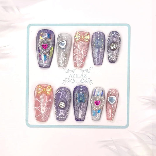 Azilaz Press-on Nails, Handmade M Coffin Shape, Pink Purple Silver Glitter Hearts Design with Crystals,Upgrade Size XS-XL, 10 Piece Set(Large)