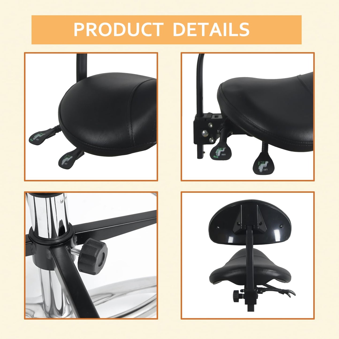 Nazalus Saddle Stool Chair with Back Support Footrest, Heavy-Duty(350LBS), Hydraulic Rolling Swivel Adjustable Stool Chair for Salon Spa Beauty Massage Dental Clinic Home Office Use(Black)