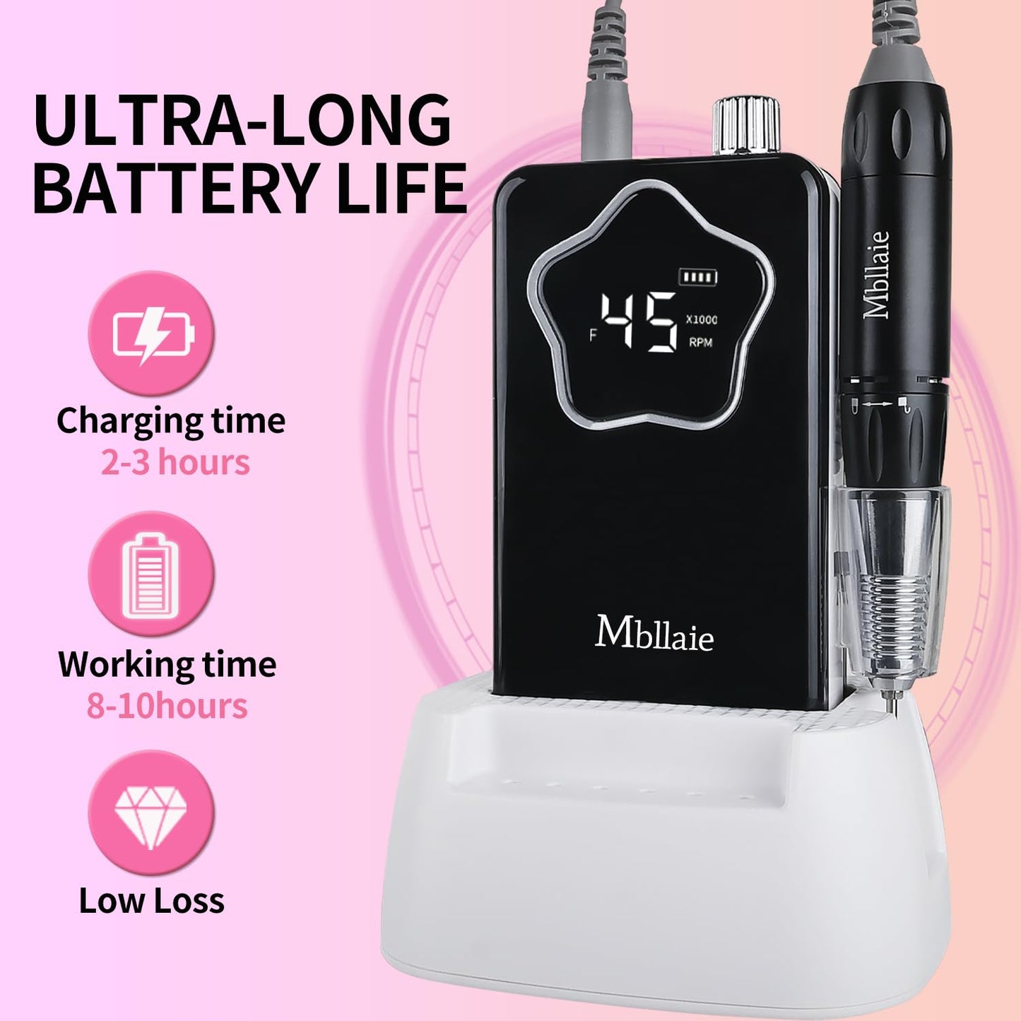Professional Electric Nail Drill 45000 RPM：Rechargeable Nail File Machine Kit for Acrylic Gel Nails Polishing Removing Portable Cordless Efile with Base Ultra Power Salon & Home Use