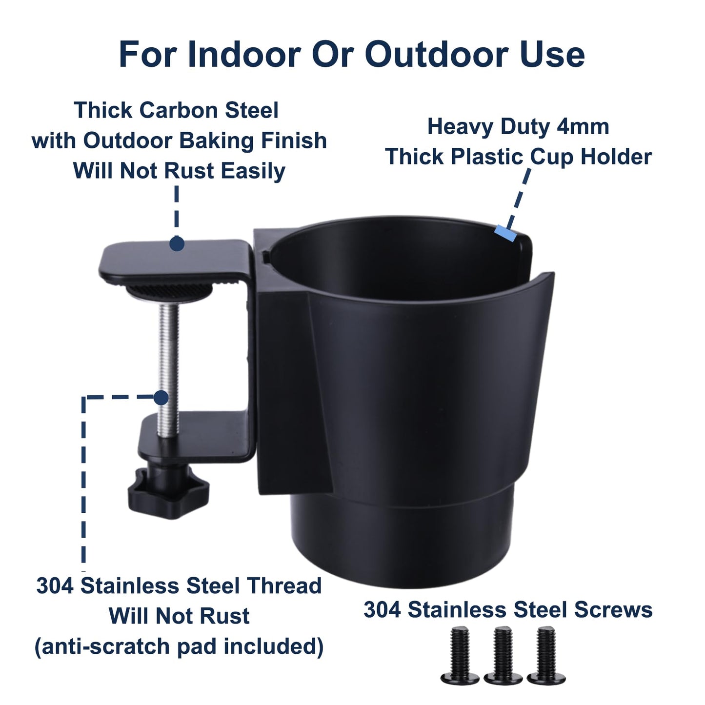 Universal Large Desk Cup Holder Clamp on, Heavy Duty Plastic Drink Holder for Table, Porch Swing, Patio Chair, Clip On Anti-Spill Bottle Holder for Most Cups, Bottles, Cans, Tumbles, Black, Pack of 1