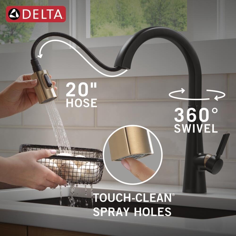 Delta Monrovia Matte Black/Brushed Gold Kitchen Faucet with Pull Down Sprayer, Modern Single Hole Kitchen Sink Faucet, Single Handle, Matte Black/Champagne Bronze 9191-GZ-DST