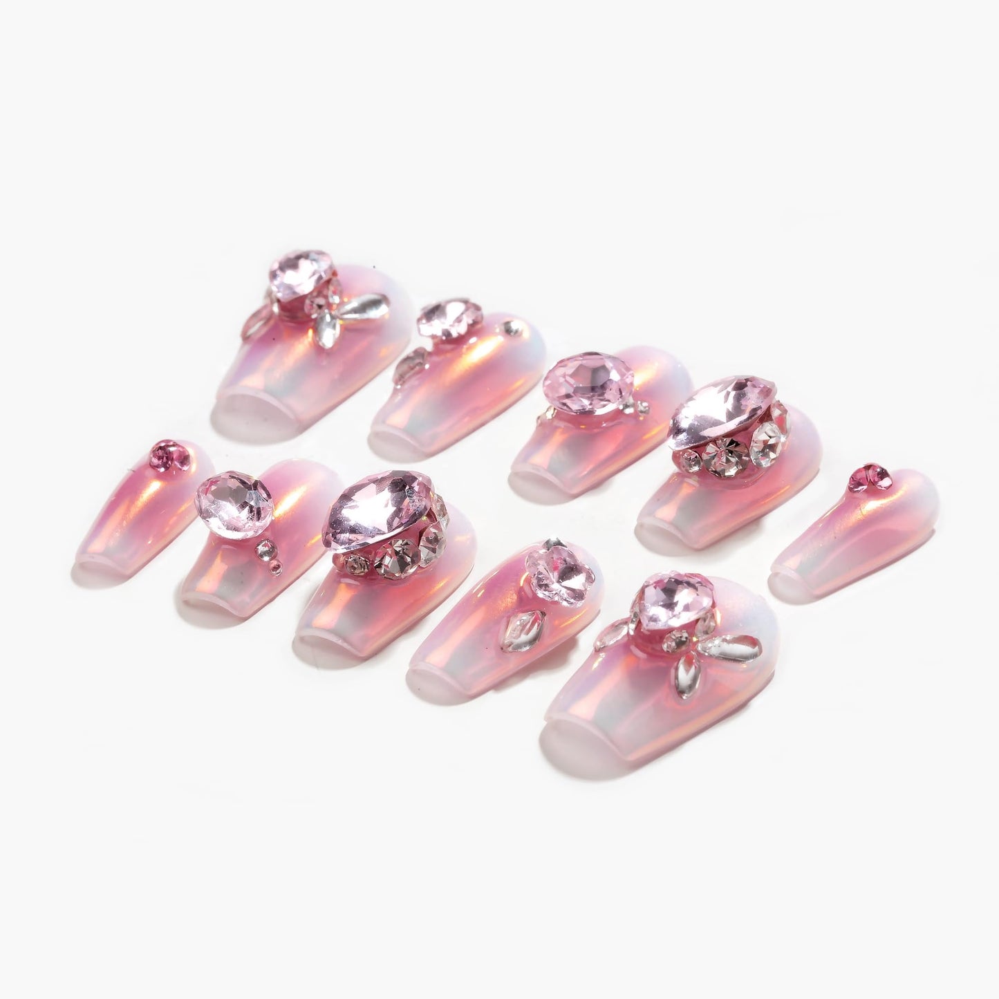 Sun&Beam Nails Handmade Press On Short Coffin Pink Metallic Design Charming Cute False Nail Tips 10 Pcs (#101 M)