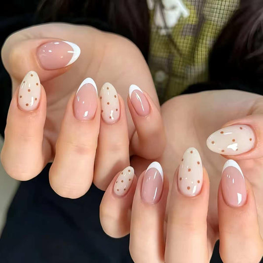 CLYHLTMZ Short Almond Press On Nails White French Tip Nude Pink Fake Nails with Cute Brown Polka Dot Designs Glossy Acrylic Full Cover Glue On Nails Reusable Stick on Nail for Women 24 Pcs
