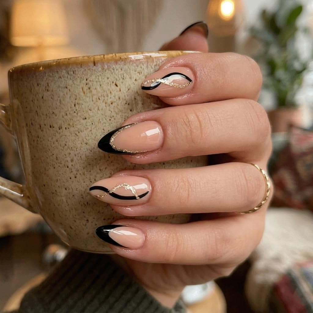 Black Press on Nails - French Tip False Nails with Gold Line Design - Almond Fake Nails Press ons - for Women 24 Pcs