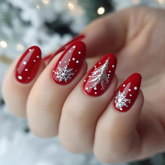 Christmas Press on Nails Medium Almond Fake Nails White Xmas tree Designs Snowflake False Nails Full Cover Red Glitter Stick on Nails Gloss Acrylic for Women 24 Pcs