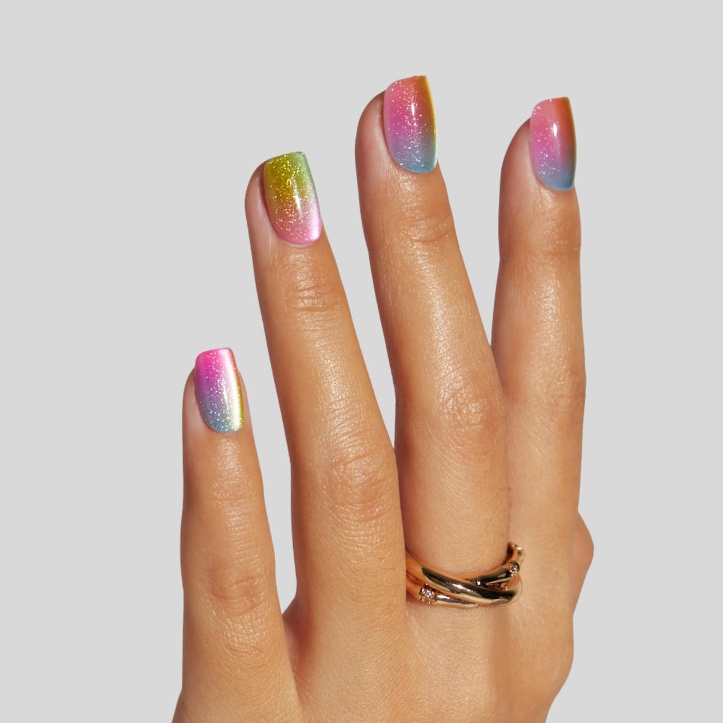 LAMIMOSA 32Pcs Glittery Cat Eye Press On Nails Short Square – Soft Gel Fake Nails in 16 Sizes, Colorful Sparkly Glue on Nail kit, Spring Summer Rainbow Nails, RAINBOW SPARKLE