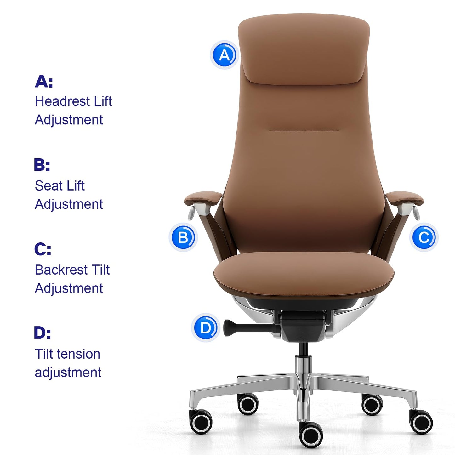 Genuine Leather Executive Office Chair, Ergonomic Comfortable Computer Chair, Adjustable seat Height/headrest Height, with tilt Lock, high-Back Home Office Desk Chair. (Caramel Brown/Dark Brown)