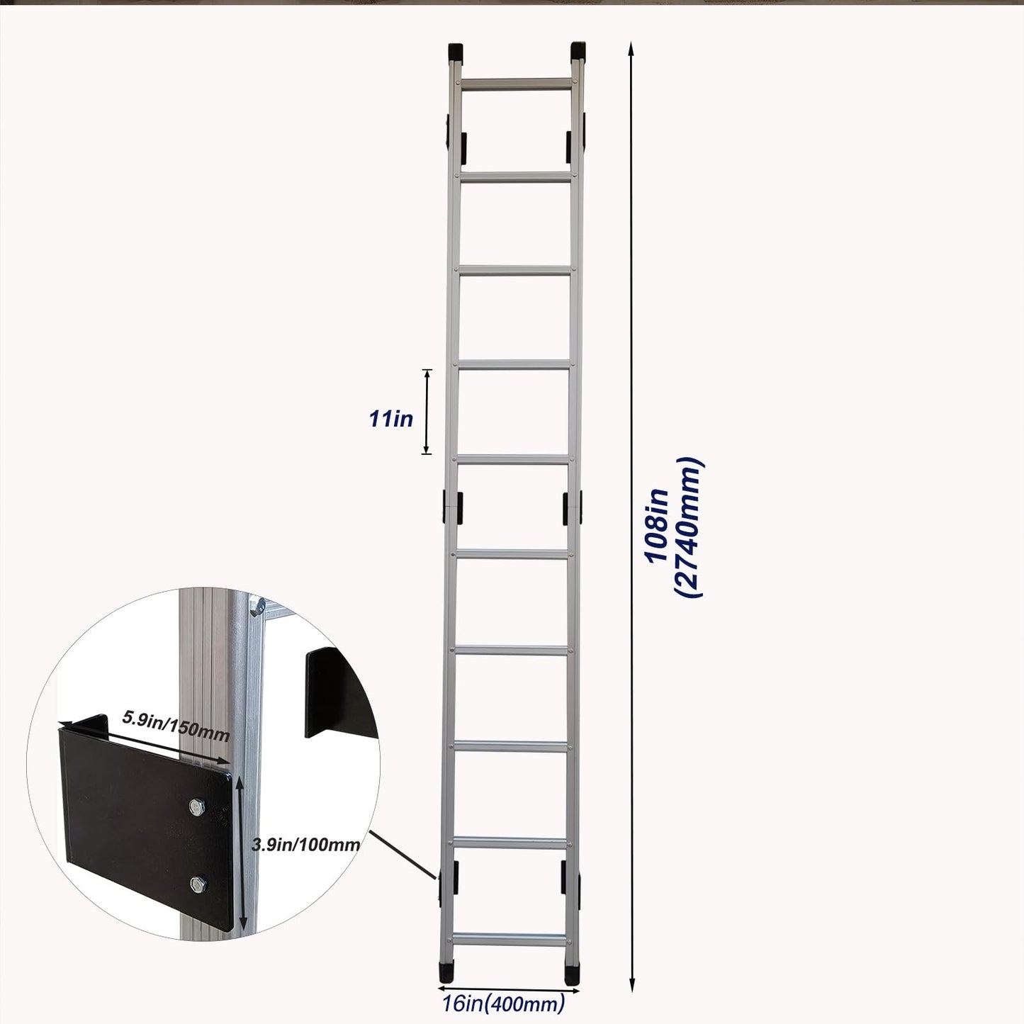 BIGalleons Basement Ladder 10 Rung, 9ft H Aluminum Window Well Ladder, Fire Escape Ladders in Humid Environments with Load Capacity up to 500lbs Egress, Escape or Bunk Bed Ladders