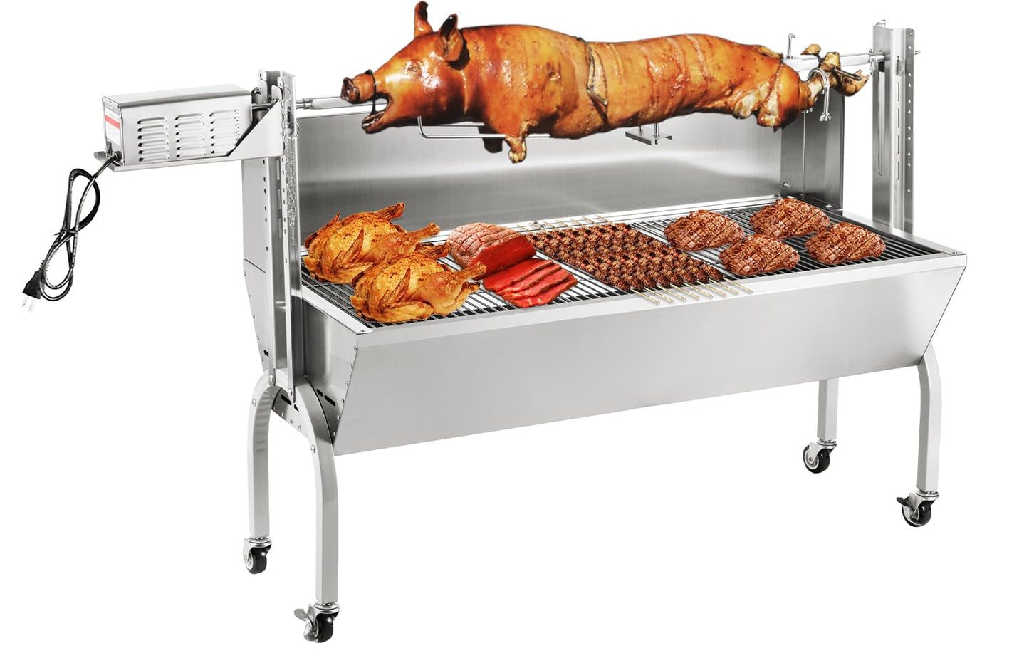 Kendane Rotisserie Grill Charcoal Spit Roaster, Stainless Steel 46" Pig Lamb Hooded Roaster Charcoal Spit with 30W Motor & Adjustable Height Lockable Casters for Party Barbecue, Rated 150 LB