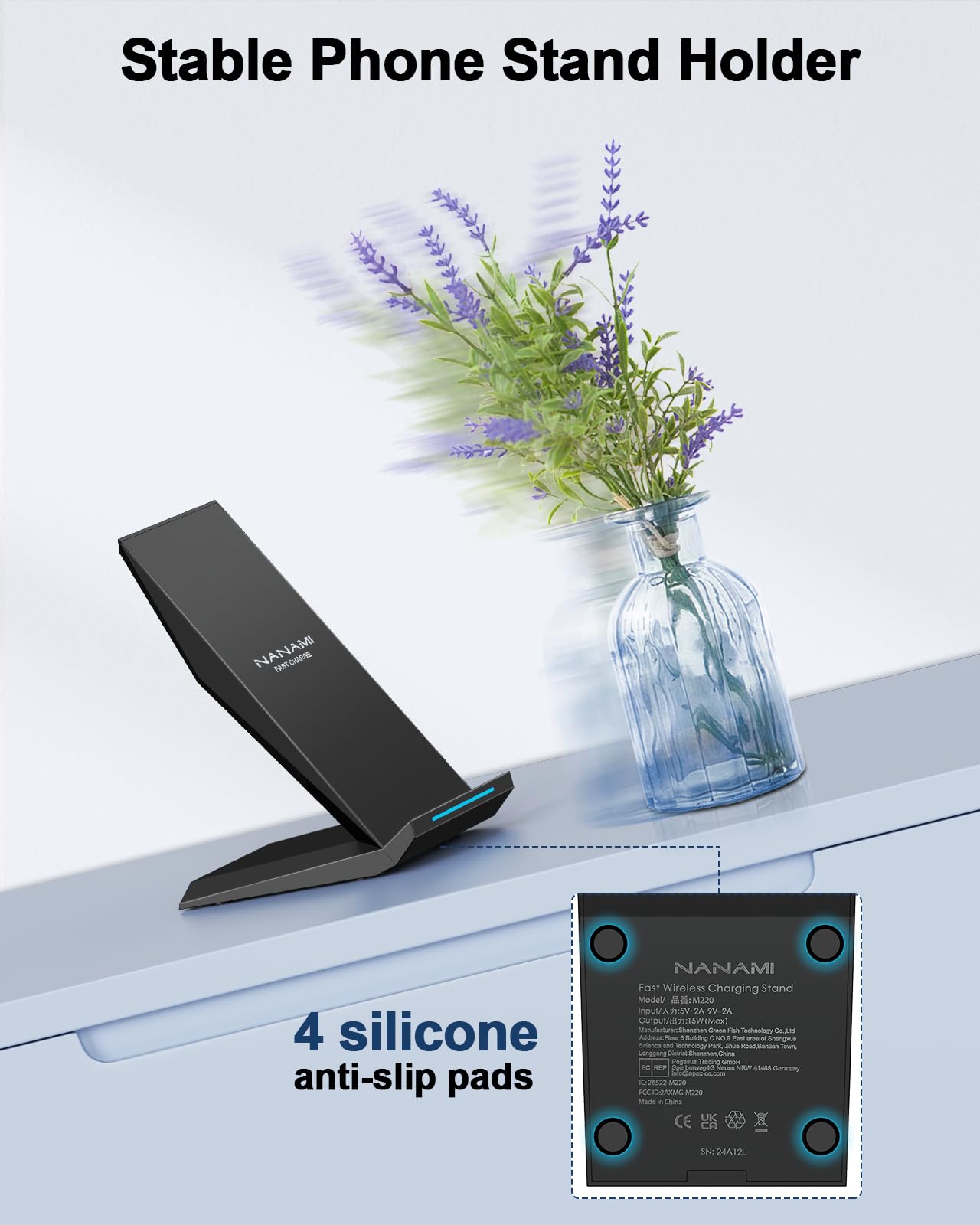 Fast Wireless Charger, NANAMI Wireless Charging Stand Compatible iPhone 17/17 Air/16/15/15 Pro/15 Plus/15 Pro Max/14/13, Nightstand Phone Charger Dock for Samsung Galaxy S26/S26+/S25/S24/S23/S22