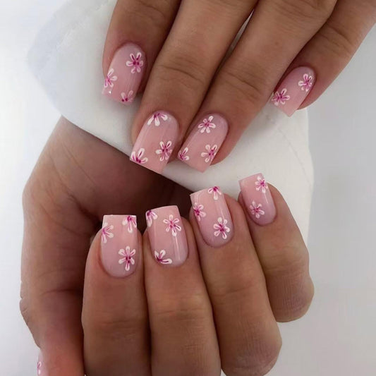 Medium Square Press on Nails Soft Nude Base Pink White Floral Glossy Finish Reusable Spring Nails Application Fashion Daily Casual Wear Durable Comfortable Trendy Style Women Girls Nails Art 24 Pcs