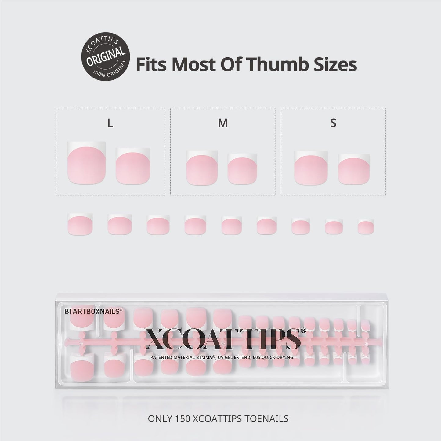 BTArtboxnails XCOATTIPS Toe Nail Tips - Lamp-Curable Sharp Square Pink Press On Toenails for Women, 150 Soak Off French Tip Toe Nail Extensions in 15 Sizes, Builder Gel & Top Coat Required
