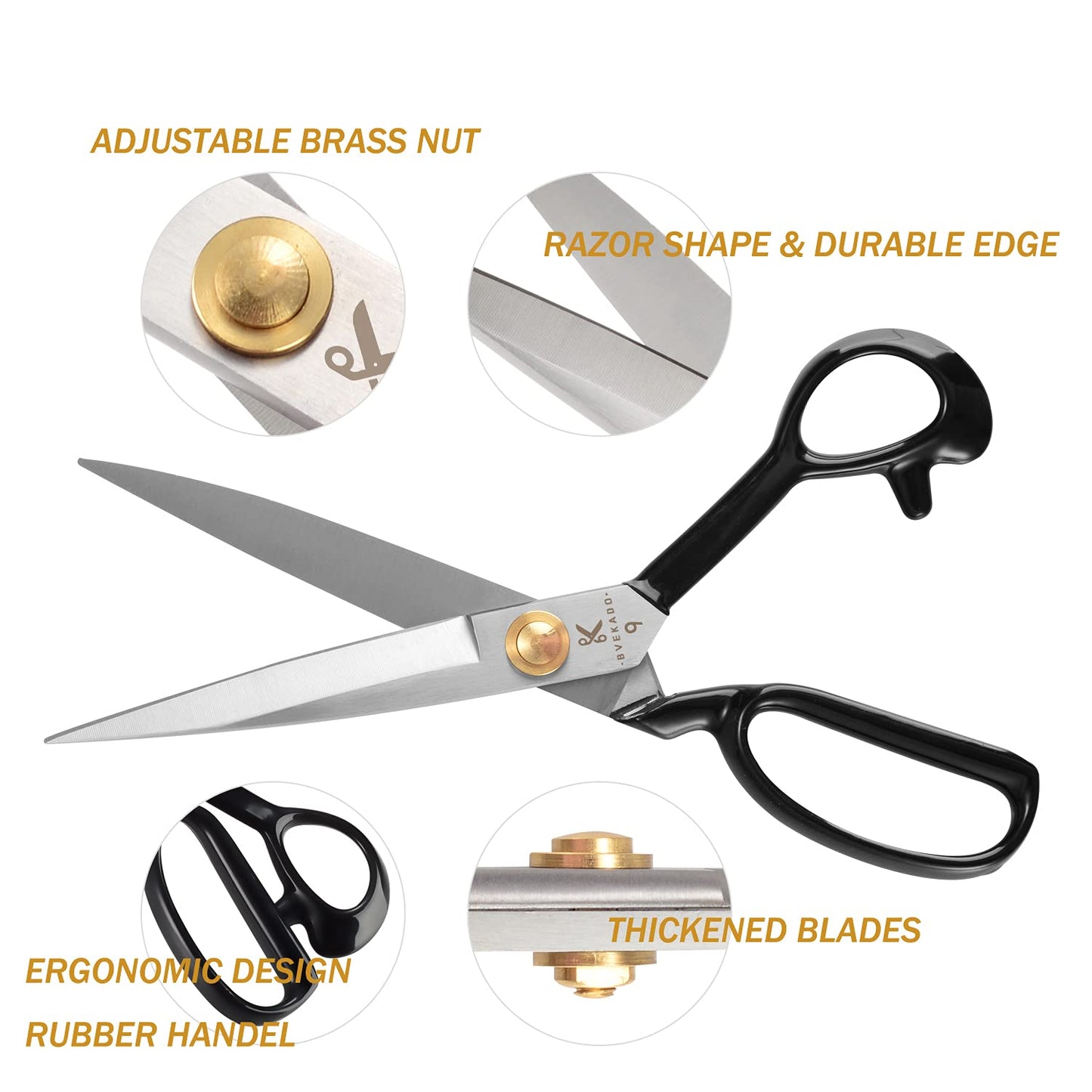 BVEKADO Sewing Scissors 9 Inch, Fabric Dressmaker Scissors Heavy Duty Shears for Tailors Dressmaking, Professional for Upholstery Crafting-Cutting Fabric Leather Paper(High-carbon Steel) White