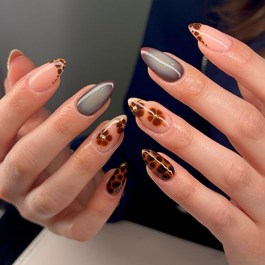Leopard Print Press on Nails Medium Almond Fake Nails French Tips with Leopard Print Floral 3D Golden Pearl Design False Nails Brown Glossy Acrylic Stick on for Women Girls Manicure Decoration 24Pcs