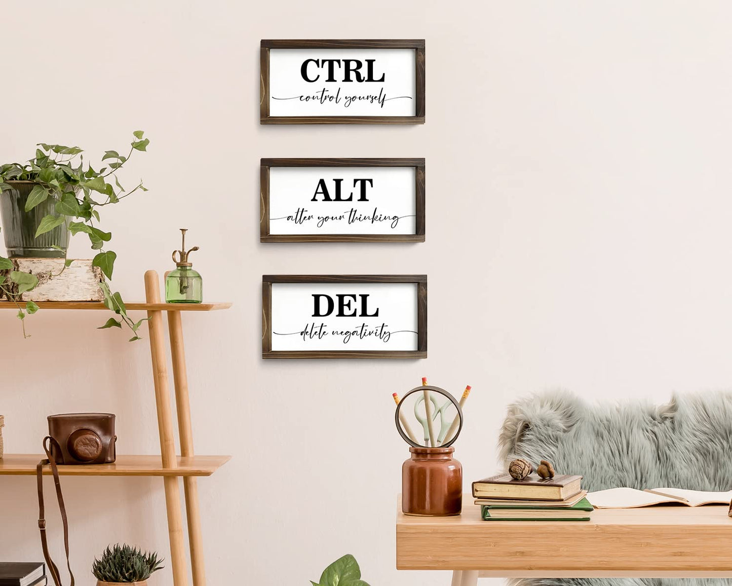Pinetree Art Motivational Wall Decor for Office, Set of 3 Rustic Wooden Framed Signs, CTRL ALT DEL Inspirational Wall Art for Home Office, Classroom, Desk Wall, Positive Mindset Decor, (6"x12"x3)