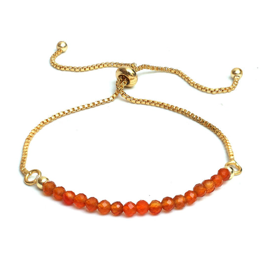 Gempires Real Carnelian Beads Bracelet, Orange Beaded July Birthstone Bracelet, Pull String Adjustable Bracelet, Gemstone Jewelry Gold Plated Chain (6-9 inch Adjustable Length)