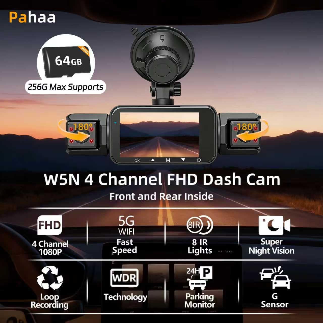 4 Channel Dash Cam Front and Rear Cabin, 360° Dash Camera ，Night Vision 8 IR Lamps Dash Camera for Cars, 5G WiFi for Download, G-Sensor, 24H/7 Parking Mode with 64GB Card,Support 256 GB Max