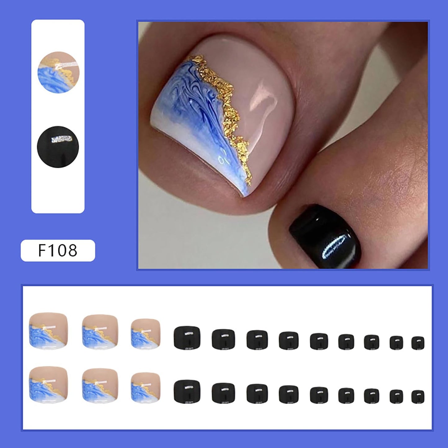 Vezocim Press on Toenails with Blue Ocean Designs, 24Pcs Black Artificial Short Fake Nails for Toe, Glossy Full Cover Feet Acrylic False Nails Press ons Toenails with Charm for Women Girls