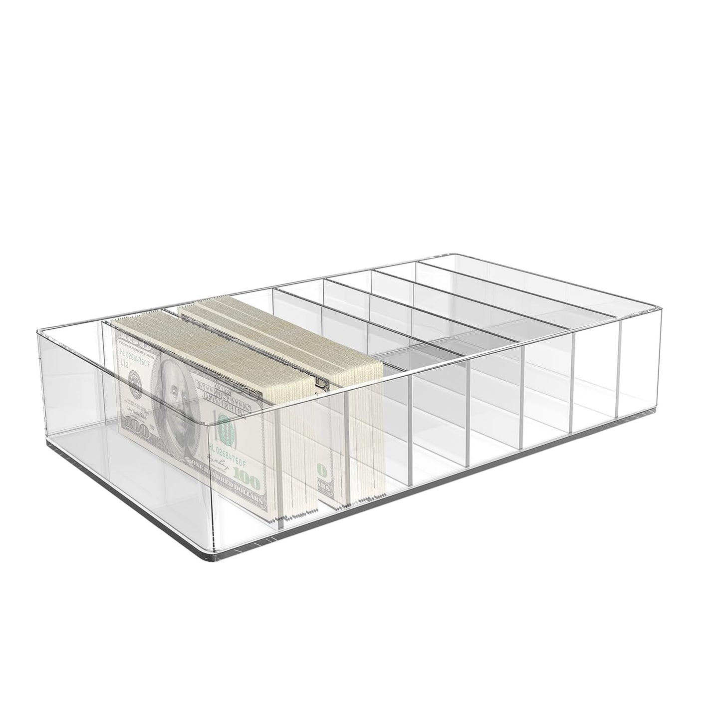 JINGHANGER Large Cash Organizer 8 Sections Clear Money Budget Tray Organizer Plastic Divider Bill Storage Holder for Money Budget Envelopes, Palette Makeup, Cables and More, 10 x 7 x 2.2 Inch