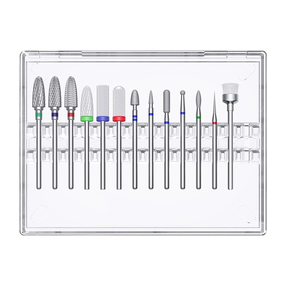 Glix Professional E File Bits for Acrylic Nails & Gel Polish Removal, 13-in-1 Manicure Kit with Tungsten Carbide, Ceramic & Diamond Bits, 3/32" Shank Cuticle Remover Tool Set