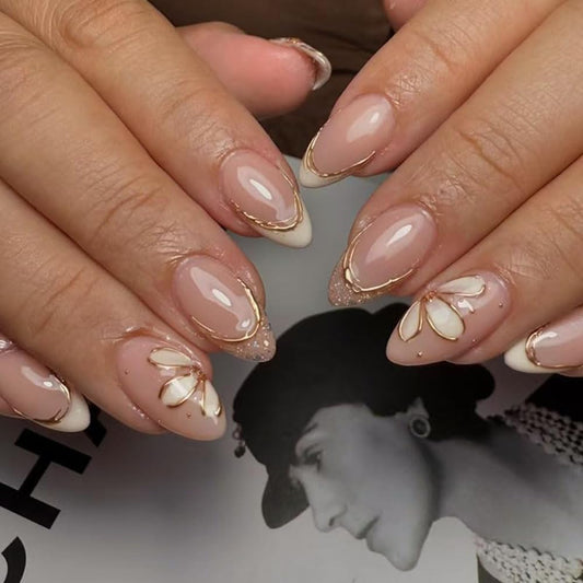 evpct Nude Pink Glitter Press on Nails Short Almond No Glue, Glitter Gold Line French Tip Stick on Nail for Women Gift, Reusable Full Cover Soft Press on Acrylic Fake Nail with 3D White Flower Design