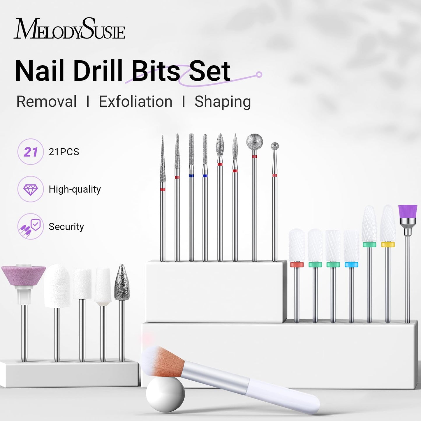 MelodySusie Nail Drill Bits Holder with 36 Holes and 21pcs Nail Drill Bit Set, Professional 3/32'' Ceramic Diamond Carbide Acrylic Gel Nail Art Tool Kit