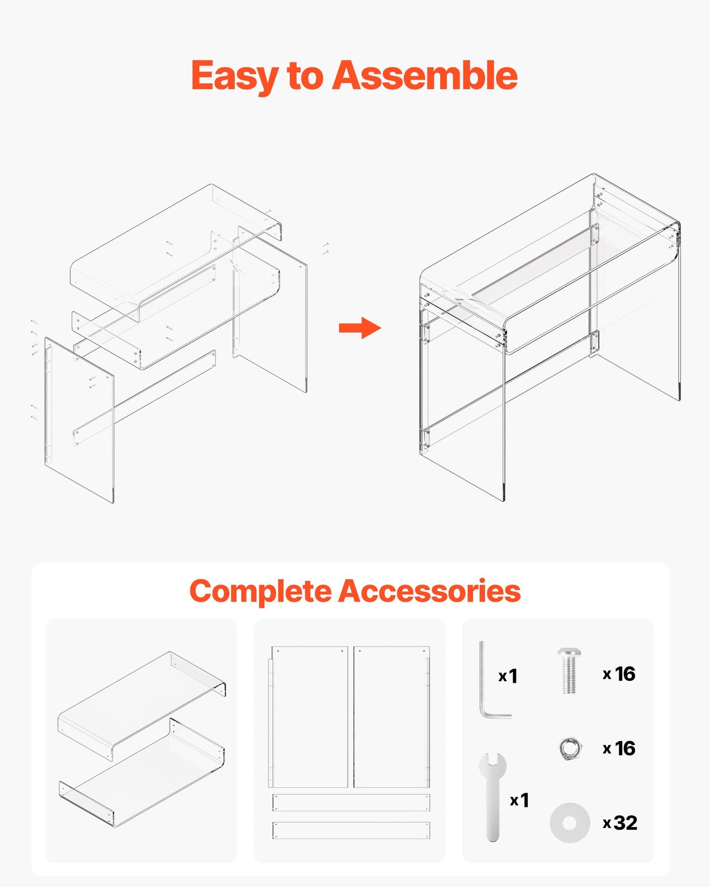 VEVOR Acrylic Desk, Clear Laptop Study Desk with Storage Shelf, Modern Transparent Console Table for Home Office, Living Room, Bedroom, Entryway, 33.5" W x 15.7" D x 29.5" H