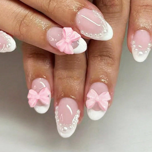 Octoswave Short Almond Press on Nails Pink Fake Nails French Bow Artificial Nail Pearl Stick on Nail for Women 24pcs