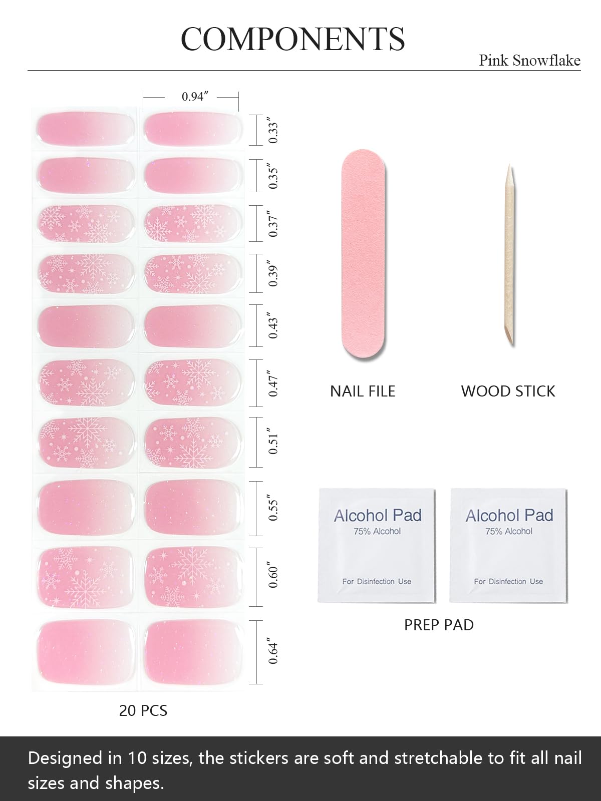 AutyaMee Semi Cured Gel Nail Strips (Pink Snowflake), 20 Pcs Christmas Gel Nail Wraps, Stickers, Salon Quality, Long Lasting, Works with Any UV Lamps