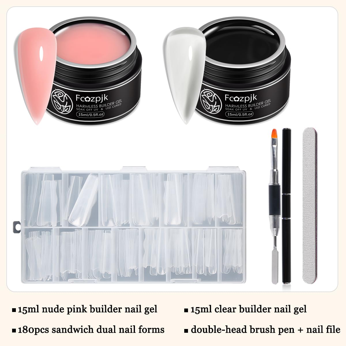 Fcozpjk Builder Gel Nail Kit, 2PCS 15ML Clear Nude Pink Hard Gels with 180PCS Coffin Sandwich Dual Nail Forms Brush Pen Files Nails Extension Tool Set Construction Strengthener Manicure Supplies