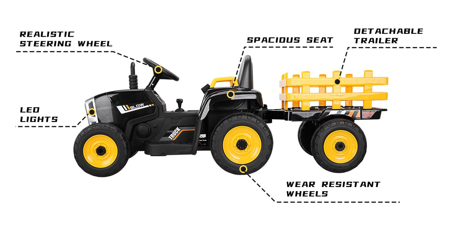 TOBBI Kids Electric Ride On Toy Tractor, Toddlers 12V Battery-Powered Car to Drive, 35W Dual Motor 6-Wheels Trailer Vehicle with 3-Speeds/LED & Horn Functions for Chirdren Aged 3-6-Black