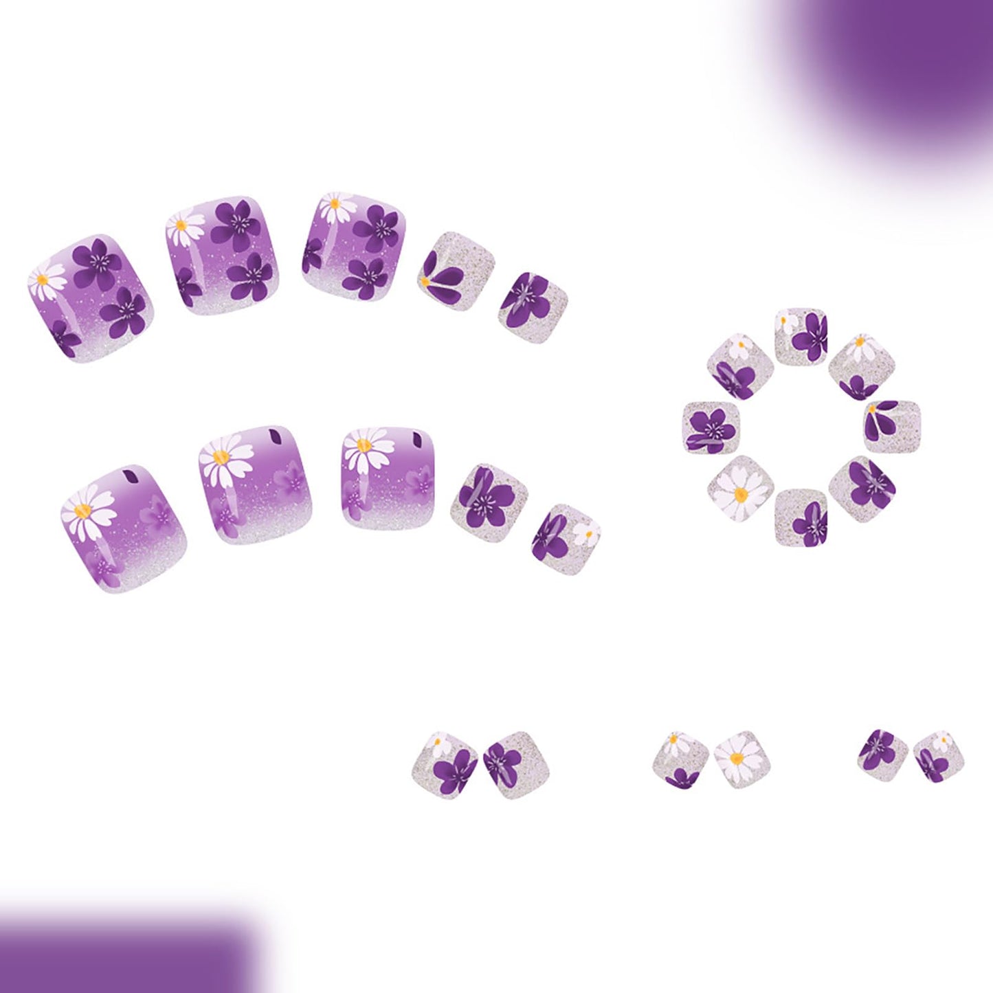 Purple French Press on Toenails,Short Square Fake Toenails with Flower Acrylic Designs,Gradient Glitter Toenails Full Cover Reusable Glossy Stick on Toes Nails for Women Girls 24Pcs